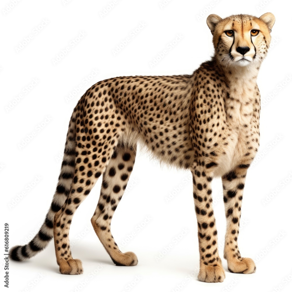 Majestic cheetah standing confidently against a blank white background created with generative ai technology Majestic cheetah standing confidently against a blank white background created with generative ai technology
