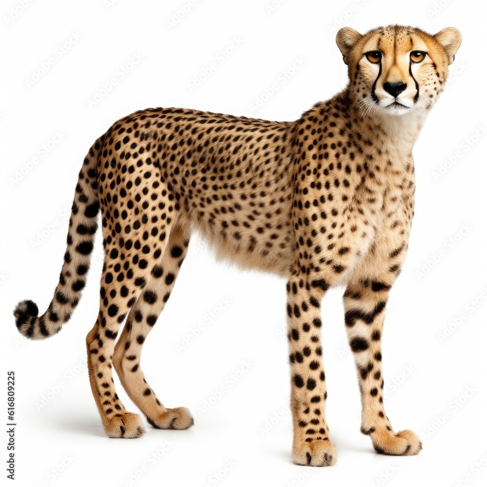 Majestic cheetah standing in a minimalist white background created with generative ai technology Majestic cheetah standing in a minimalist white background created with generative ai technology