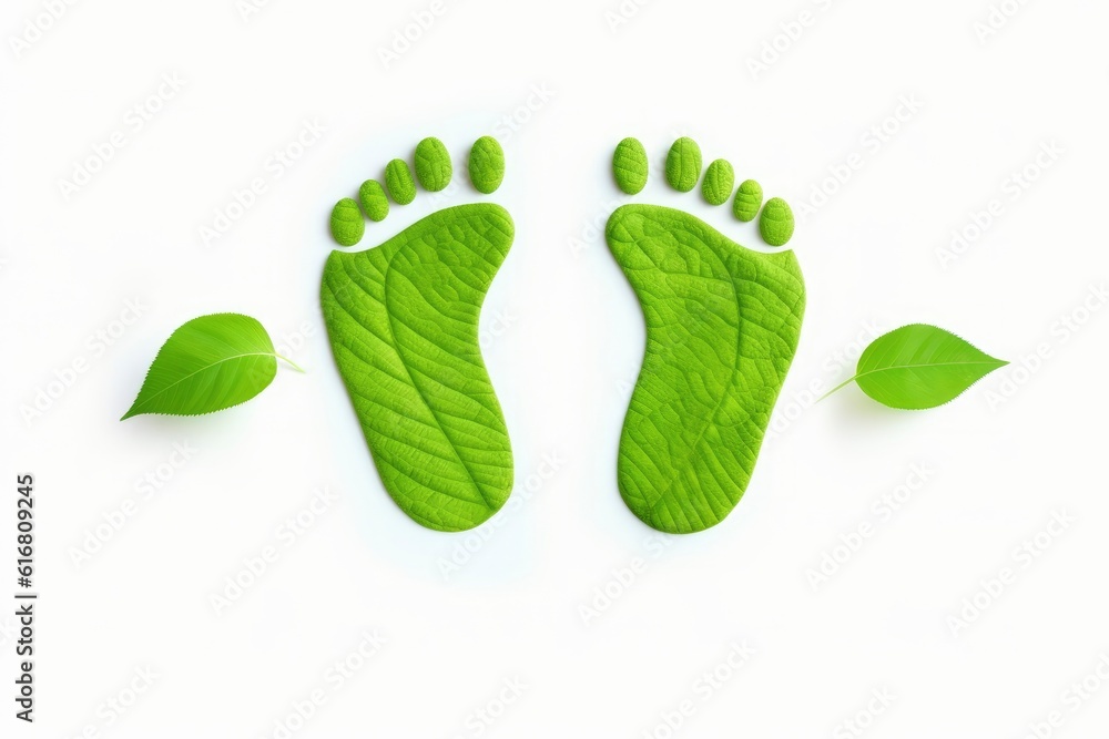 Green footprints with leaves on a white background created with generative ai technology Green footprints with leaves on a white background created with generative ai technology