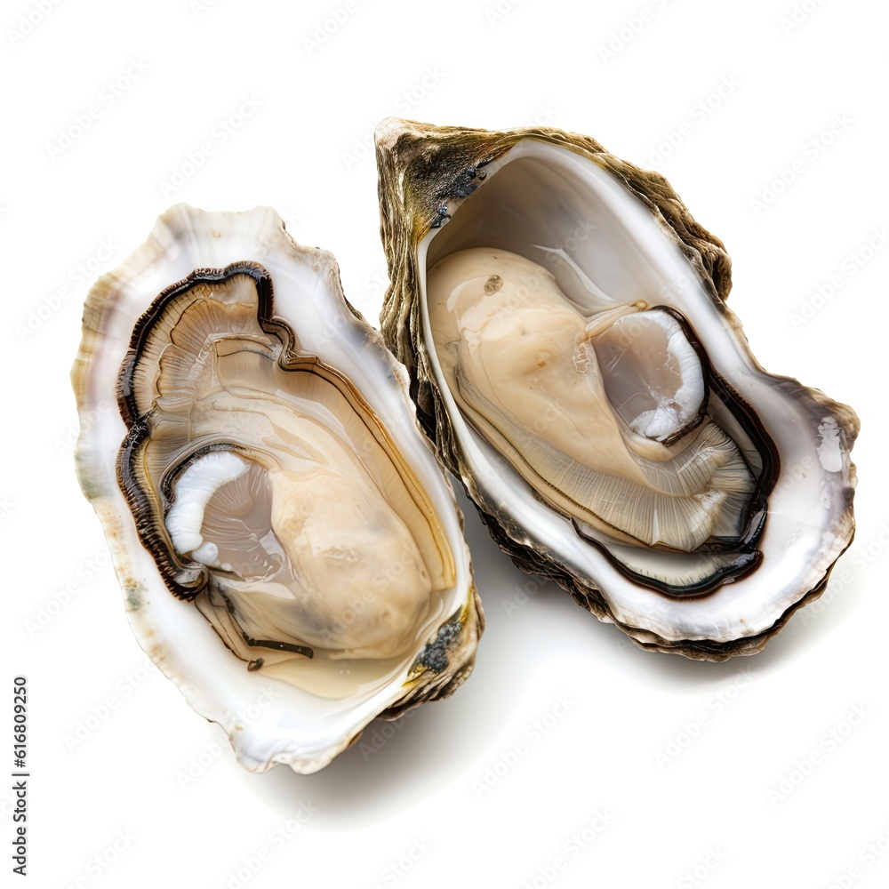 Two freshly shucked oysters on a plain white background created with generative ai technology