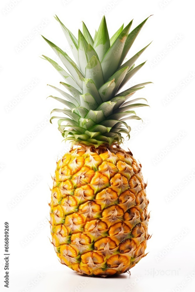 Detailed close-up view of a fresh pineapple on a plain white background created with generative ai technology Detailed close-up view of a fresh pineapple on a plain white background created with generative ai technology