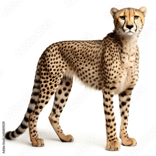 Majestic cheetah standing confidently against a blank white background created with generative ai technology