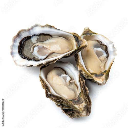 Three fresh oysters on a clean, white background created with generative ai technology photo