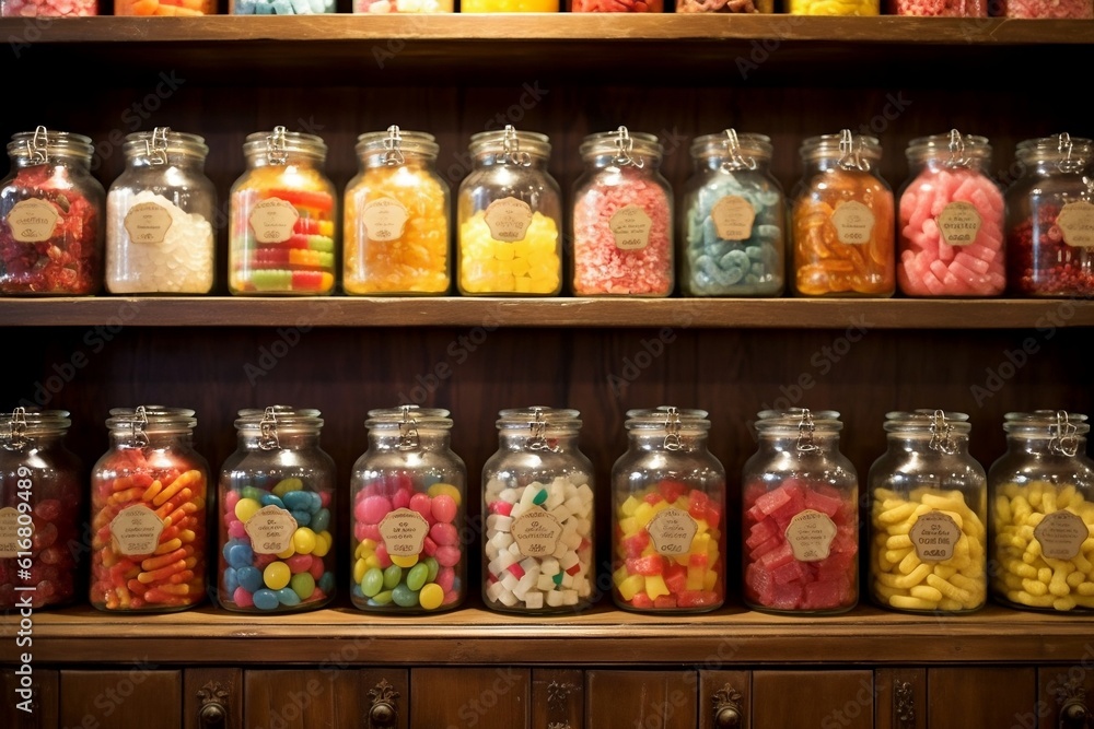Candy Store Displaying Jars of Colorful Candies. AI