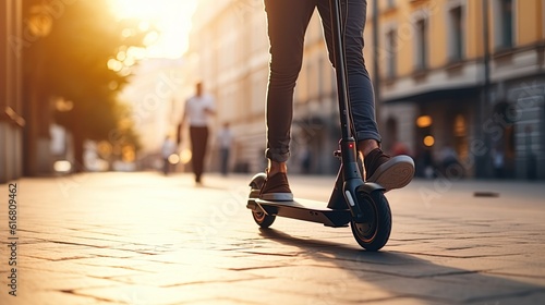 Illustration of a person's legs standing on an electric scooter