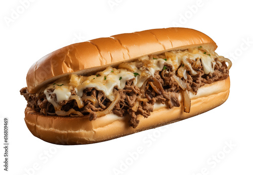 Philly Cheesesteak Sandwich on transparent background. Generative AI.