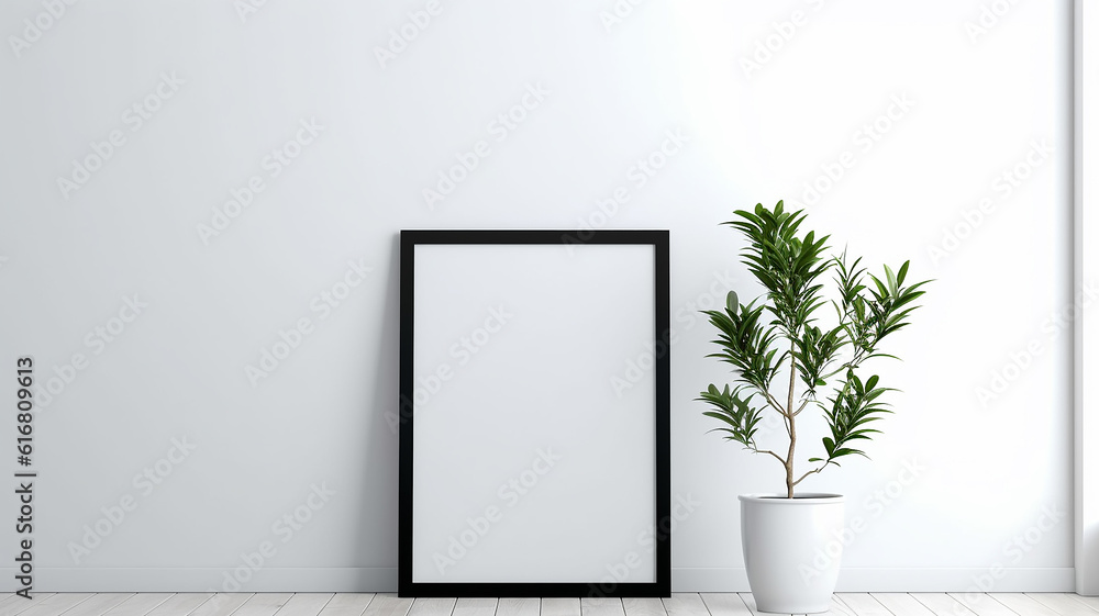the interior is an empty wall with a thin black narrow frame inside an empty white background. Generative AI the interior is an empty wall with a thin black narrow frame inside an empty white background. Generative AI