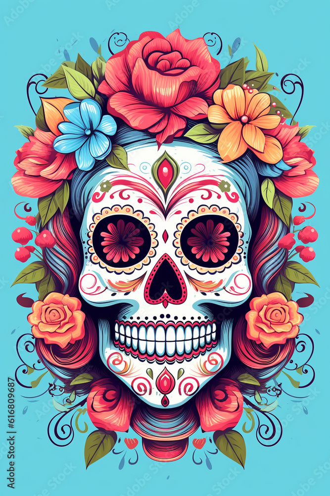 La Catrina dia de muertos Skull. Bemalter Schädel mit Blumen Deko in bunt. Tag der Toten in Mexico. Hochkant. Hochformat. Generative Ai.