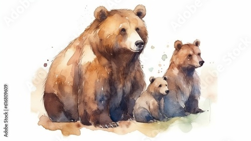 Watercolor illustration of bear's family. Generative AI