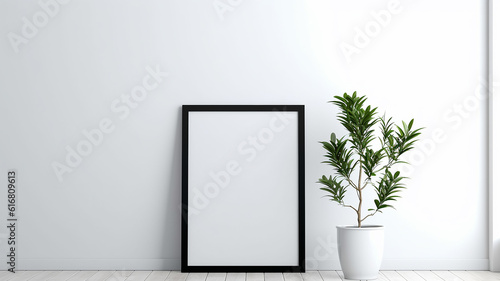 the interior is an empty wall with a thin black narrow frame inside an empty white background. Generative AI