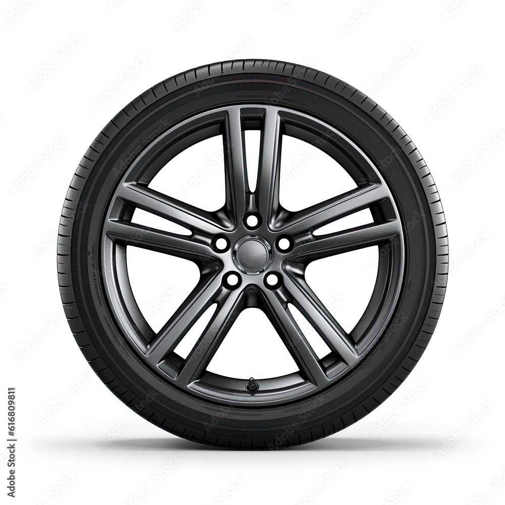 Car wheel on light alloy disc isolated on white background with soft shadow, AI generated image Car wheel on light alloy disc isolated on white background with soft shadow, AI generated image