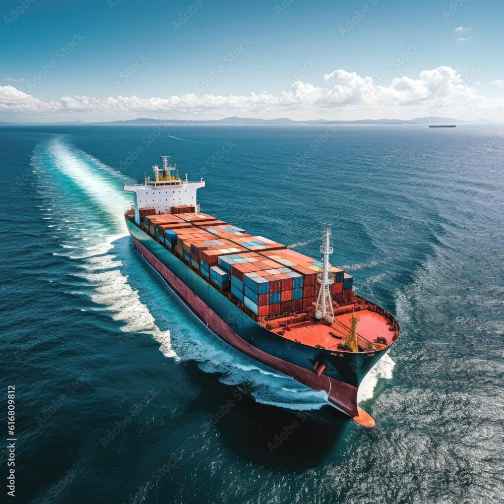 Container ship sails the sea on a sunny day, aerial view. AI generated image