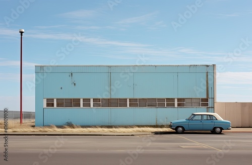 A blue car is parked in front of blue storage building on a sunny day, abstract architecture, urban background, AI generated image