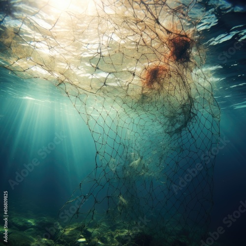 Underwater view with an empty fishing net under shiny water surface and reys of sunlight, AI generated image