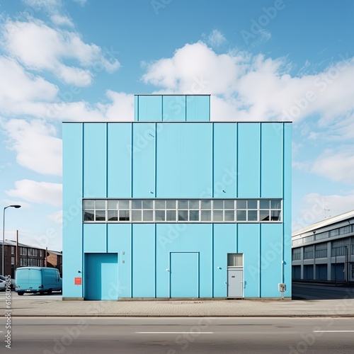 Facade of a blue office building under cloudy sky, abstract architecture, urban background, AI generated image
