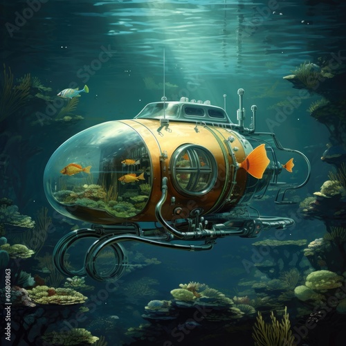 Bathyscaphe fish is in blue ocean water, abstract underwater illustration, AI generated image