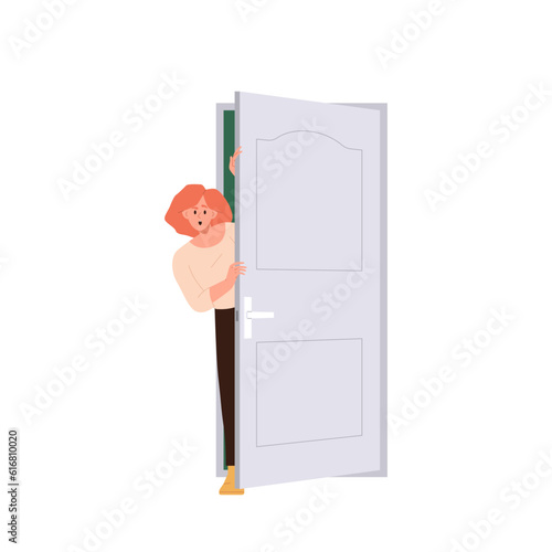 Amazed young woman surprised female character peeking out opened door isolated on white background