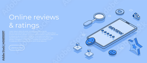 Characters Giving Five Star Feedback. Online review concept. Vector customer review concepts. Reviews stars on mobile screen. App for ratings. Vector illustration