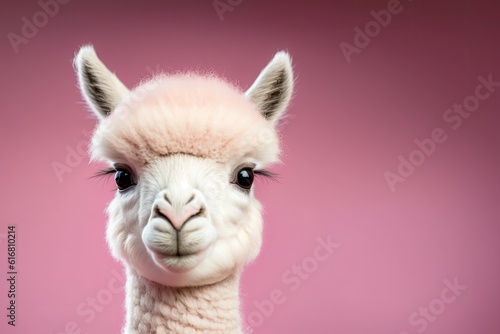 close-up of a fluffy llama with a vibrant pink background. Generative AI photo