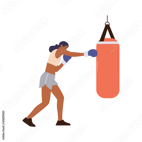 Sportive woman character wearing gloves boxing with punching bag isolated on white background