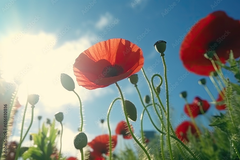 Fototapeta premium vibrant field of red flowers under a clear blue sky