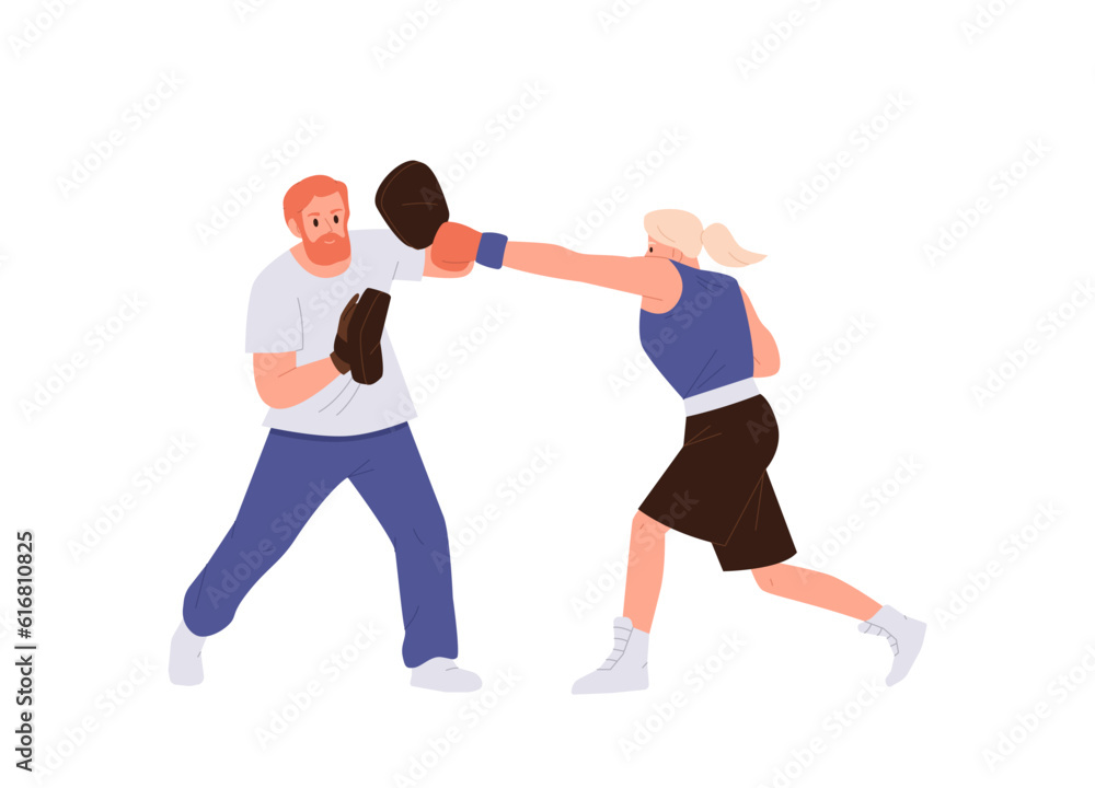 Woman athlete character in sportswear and gloves boxing with trainer wearing punching paws Woman athlete character in sportswear and gloves boxing with trainer wearing punching paws
