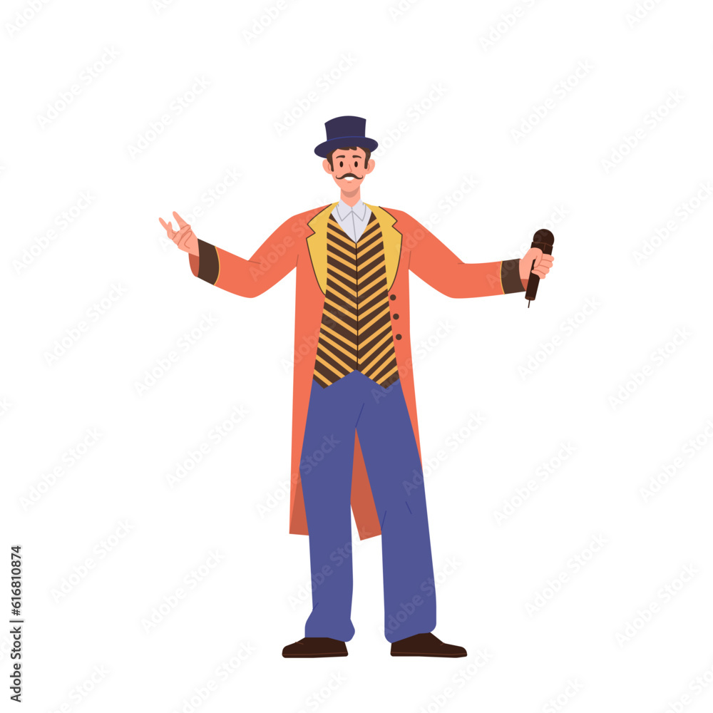 Man performer character in festive stage costume announcing next circus number with microphone