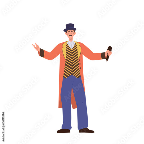 Man performer character in festive stage costume announcing next circus number with microphone
