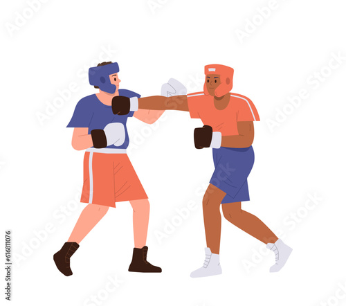 Man boxing wearing gloves, protective helmet with sparring partner having fight against each other