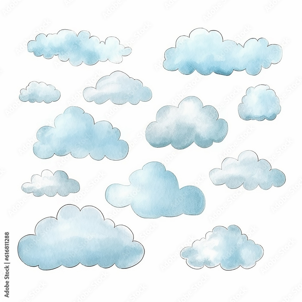 a set of watercolor painted clouds on a white background isolated. Generative AI