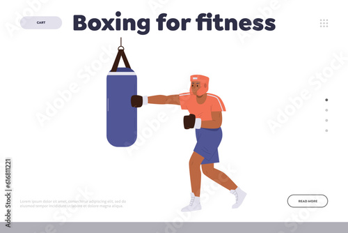 Boxing for fitness concept for landing page template with man character punching box with gloves