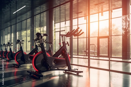 Modern Fitness Center Room with Rows of Stationary Bikes. AI © Usmanify