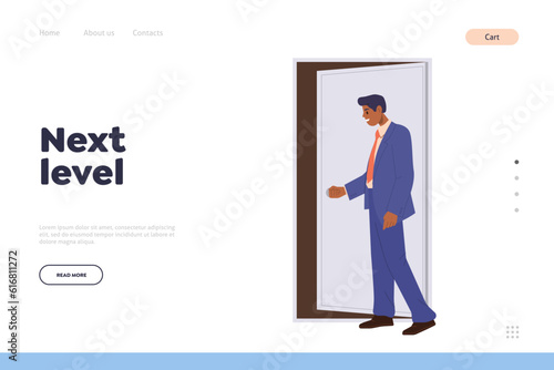 Next level concept for business landing page with pensive businessman character opening door