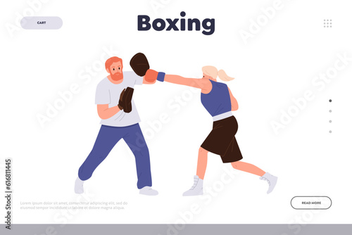 Boxing landing page design template with cartoon trainer teaching young woman boxer to fight