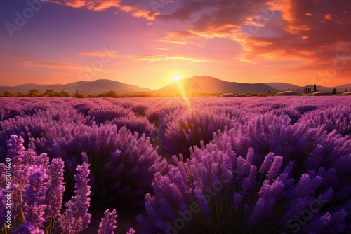 Serenity in purple hues  Endless fields of lavender gracefully sway in the wind under the golden sun  painting a serene and tranquil picture of nature s beauty and soothing aromas. Generative AI