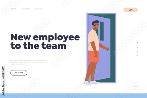 New employee to team concept for business landing page design template with job seeker at open door