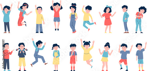 Happy jumping energetic kids. Isolated children, cartoon laughing funny kid. Active child, school or kindergarten recent vector flat characters