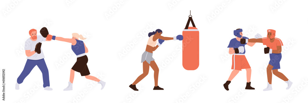 Set of people punching box, fighting sparring partner and hitting boxing bows in trainer hands Set of people punching box, fighting sparring partner and hitting boxing bows in trainer hands