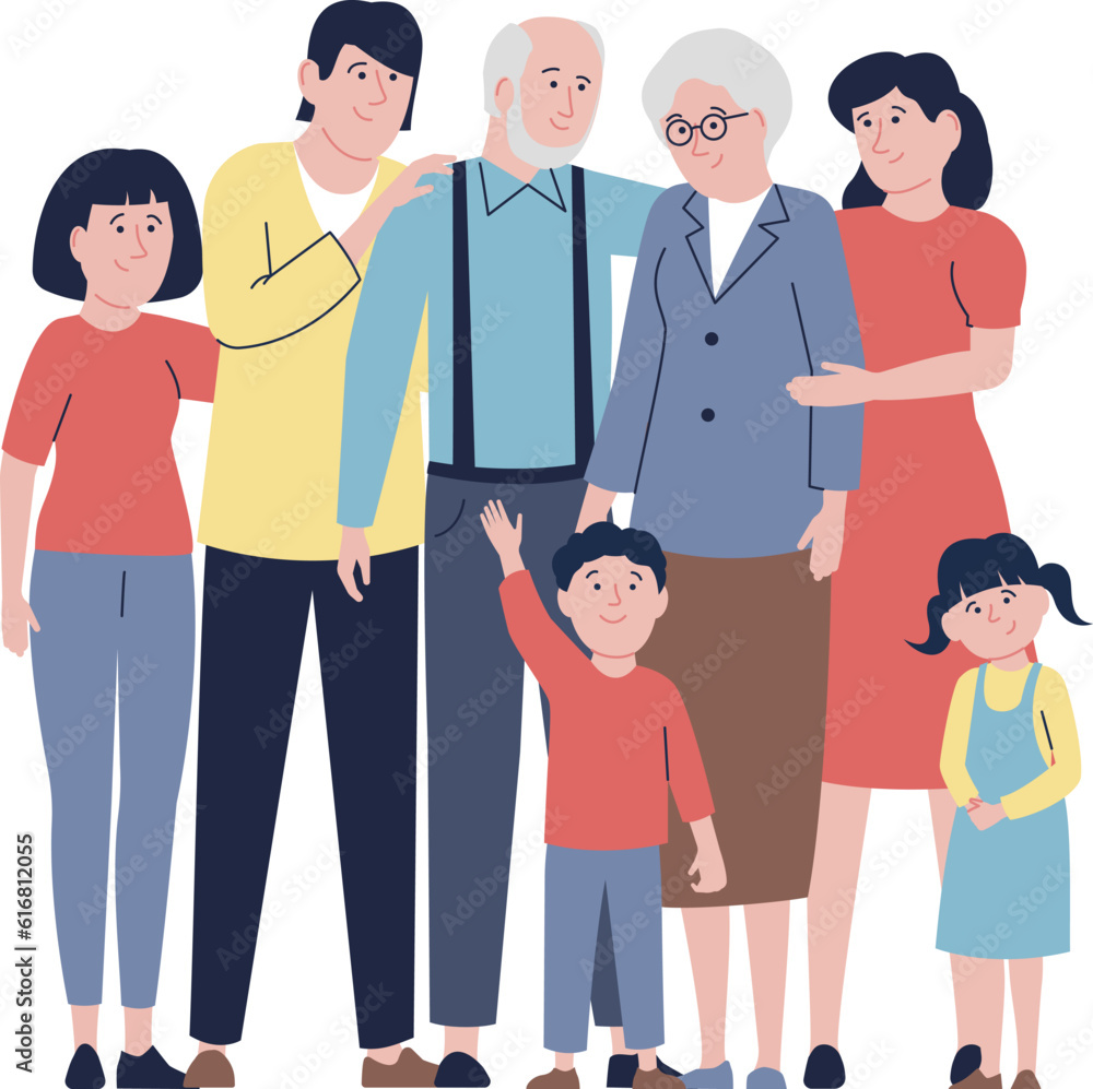 Cartoon happy family, grandma grandpa and kid. Generations stand together, happy grandparents, parents and children. Flat recent vector characters Cartoon happy family, grandma grandpa and kid. Generations stand together, happy grandparents, parents and children. Flat recent vector characters