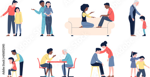 Couple and family consoled, friend in grief together. Parents support children, empathy and friendly characters. Relationship recent vector scenes