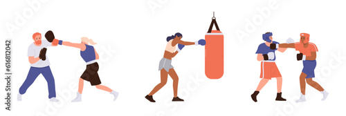 Set of people punching box, fighting sparring partner and hitting boxing bows in trainer hands