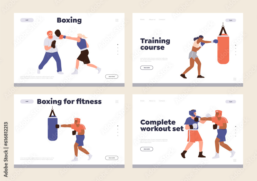 Set of landing page design template advertising online boxing school or training class for sportsman Set of landing page design template advertising online boxing school or training class for sportsman