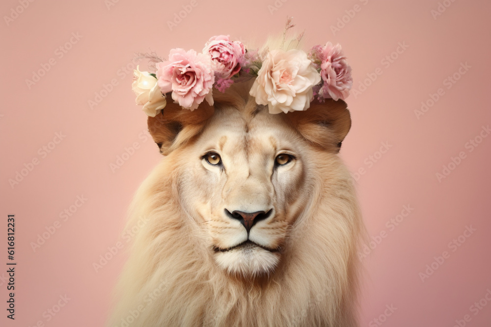 Portrait of lion with flowers on head on pastel pink background
