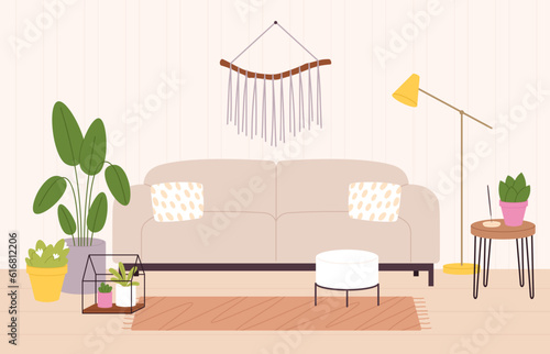 Room interior scandinavian style. Living room decorations, relax room design with cozy sofa, plants and decor. Racy indoor furniture vector scene