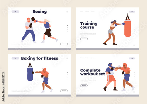 Set of landing page design template advertising online boxing school or training class for sportsman