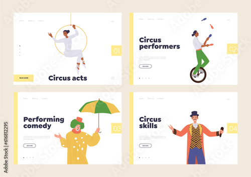 Set of landing page design website template for advertising different circus event and performance