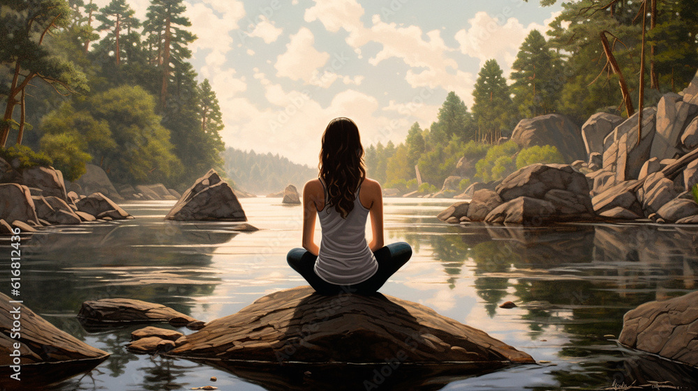 the girl does yoga in nature. Forest and lake. High quality illustration