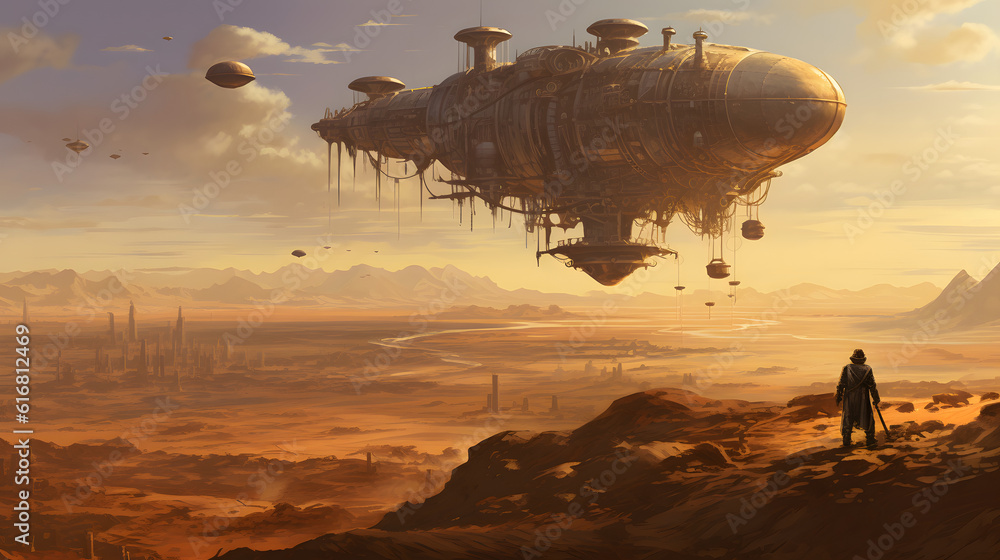 steampunk explorer in a rugged desert landscape, featuring intricate machinery and a hovering airship steampunk explorer in a rugged desert landscape, featuring intricate machinery and a hovering airship