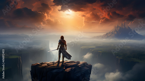 hero wielding a runic sword, standing on the edge of a cliff overlooking a vast kingdom at dusk