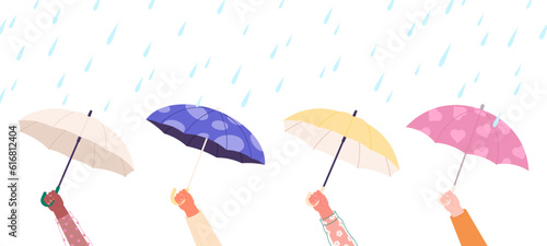 Umbrellas in hands banner. Rainy day, storm and hand holding umbrella. Business concept, bad autumn winter weather, season racy vector scene
